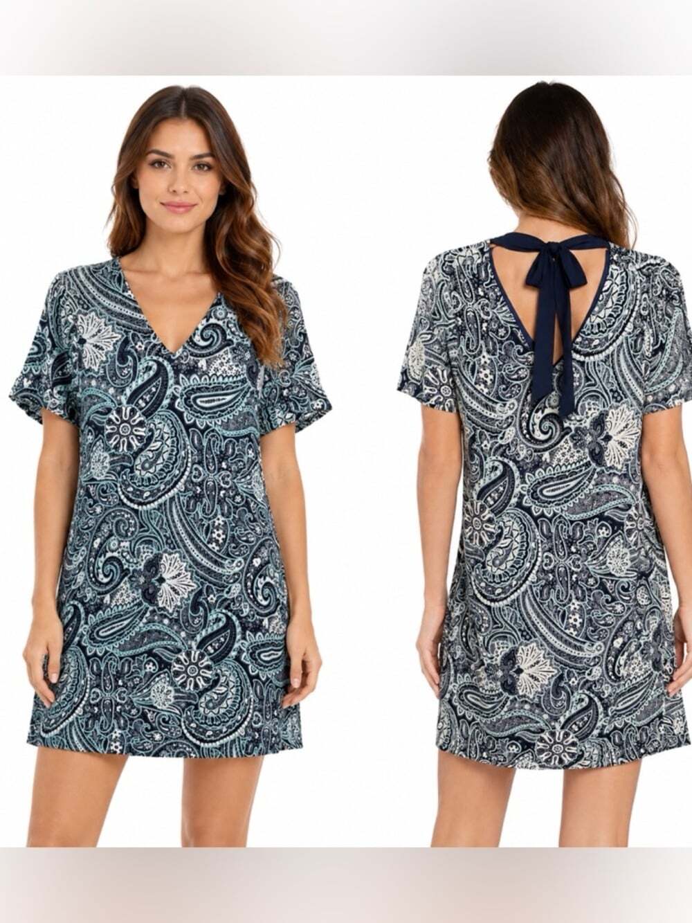 Dex Paisley Mini Dress Navy White Medium V-Neck Tie Back Boho Resort Shift